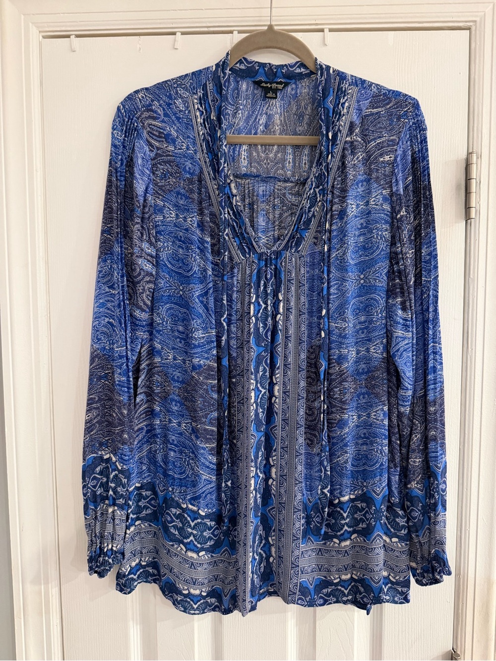 Lucky Brand Blue Paisley Boho Peasant Blouse Tunic – Size L – 100% Rayon